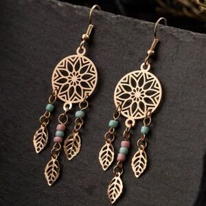 Boho Leaf Tassel Metal Indian Style Drop Earrings